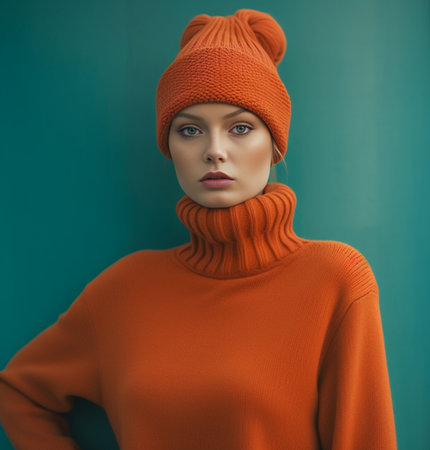 Nice looking redhead woman embraces herself likes her new knitted orange sweater looks satisfied on right poses against blue background Lovely pretty millennial girl dres : Generative AIの素材