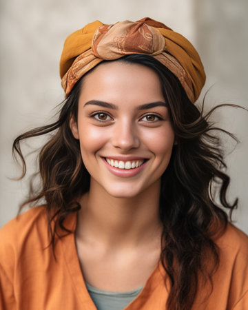 Portrait of pleasant looking Caucasian woman with gentle smile on face has dark combed hair healthy skin wears yellow headband isolated over white background Facial expre : Generative AIの素材