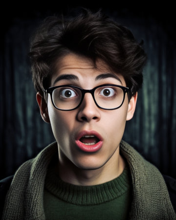 Photo of worried nervous man bites finger nails and stares with scared expression frightened by something terrifying wears round spectacles and yellow t shirt poses again : Generative AIの素材