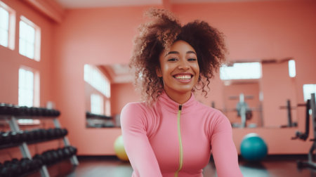 Indoor shot of dark skinned overjoyed adult woman with curly hair touches shoulders laughs happily keeps eyes closed smiles broadly dressed in active wear poses against p : Generative AIの素材