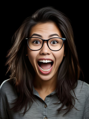 People lifestyle youth and happiness concept Shy pretty girl with shaggy black hair and dark skin wearing stylish eyeglasses feeling happy after boy who she likes invited : Generative AIの素材