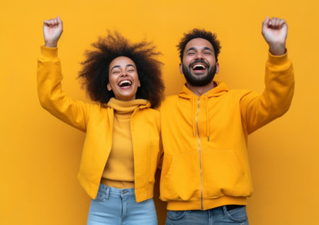 Positive friends give piggyback ride for each other foolish around dressed in casual clothes laugh joyfully isolated over yellow background feel lively and energetic Two  : Generative AIの素材