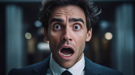 Stupefied male model stares at camera has puzzled and shocked expression keeps mouth opened listens to interlocutor who tells unexpected news cant believe in events that  : Generative AIの素材