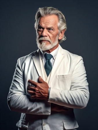 Senior unshaven man director keeps hand on head has red lipstick traces on face dressed in white formal shirt and bowtie models over rosy background People love in mature : Generative AIの素材