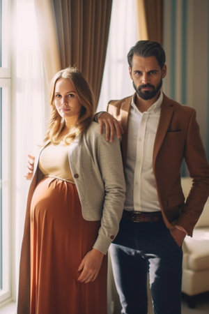 Photo of tired pregnant wife poses together with husband holds mobile and touches tummy looks sadly at camera Married family couple prepare for parenthood expect child Ch : Generative AIの素材
