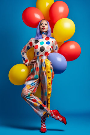Photo of shocked African American woman looks with omg expression holds many colorful helium airballoons dressed in vivid shirt and skirt isolated over blue studio wall w : Generative AIの素材