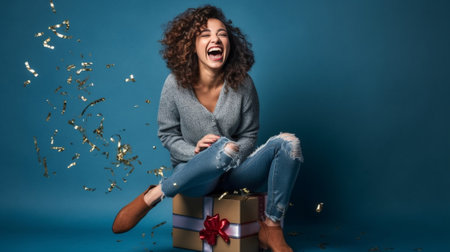 Vertical shot of overjoyed curly haired young woman dressed in comfortable pajama and sleepmask going to decorate Christmas tree poses against blue background with New Ye : Generative AIの素材