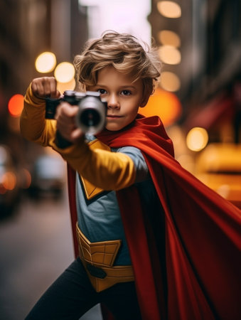 Serious brave man keeps hands on waist wears red mask and cloak protective helmet looks at funny child who plays with toy handmade rocket imagine being superheroes with s : Generative AIの素材
