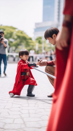 Serious brave man keeps hands on waist wears red mask and cloak protective helmet looks at funny child who plays with toy handmade rocket imagine being superheroes with s : Generative AIの素材