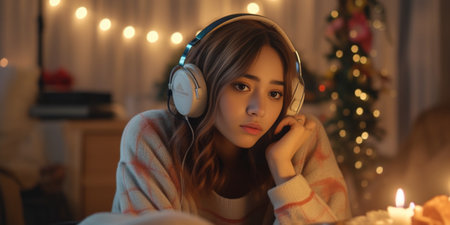 Thoughtful millennial girl keeps hands together being deep in thoughts while listening lyrics song in headphones recalls pleasant memories wears warm winter sweater poses : Generative AIの素材