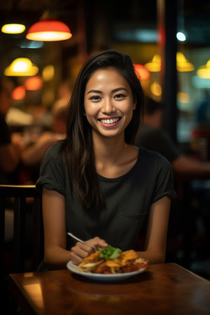 Positive young beautiful Asian woman with broad warm smile has dark hair and healthy skin looks happily into camera being satisfied with good rest and service at restaura : Generative AIの素材