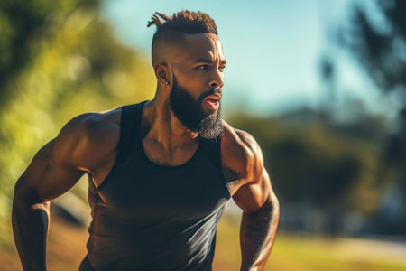 Sideways shot of handsome active man runs against mountain beautiful scenery photographed in motion enjoys workout being very fast and energetic wears sportclothes Athlet : Generative AIの素材