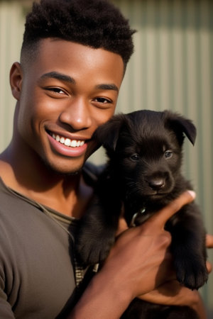 Sweet moments with domestic animals Portrait of satisfied dark skinned man holds cute small french dog puppy closely to face enjoys good time with loyal pet wears casual  : Generative AIの素材