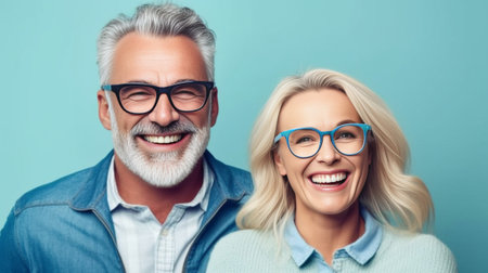 Smiling mature couple embrace look gladfully at camera pose for family portrait happy children came to visit them wear transparent glasses casual jumpers isolated over br : Generative AIの素材