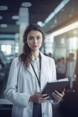 Vertical shot of serious millennial girl concentrated at screen of tablet holds notepads checks notification strolls outside dressed in white shirt and knitted vest prepa : Generative AIの素材
