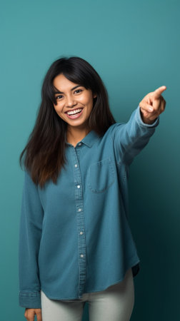 Photo of attractive young woman with happy expression smiles gently points aside with both fore fingers wears loose red jumper isolated over blue studio background shows  : Generative AIの素材