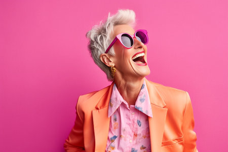 Cheerful old woman with upbeat mood wrinkled skin has fun on pension listens music in modern stereo headphones wears trendy sunglasses isolated on pink background Retirem : Generative AIの素材
