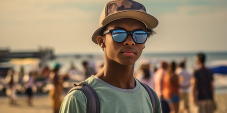 Outdoor shot of Afro American young man with backpack wearing hat shades and stylish clothes waiting for his date on pebble beach using 3g or 4g internet connection on to : Generative AIの素材