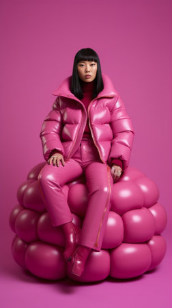 Horizontal shot of serious young Asian woman looks attentively at camera enjoys holiday event poses with bunch of inflated balloons dressed in winter outerwear isolated o : Generative AIの素材