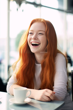 Old friends meeting at cafeteria chatting having fun sitting at table near window drinking fresh coktails Beautiful brunette girl laughing at jokes of her redhead compani : Generative AIの素材