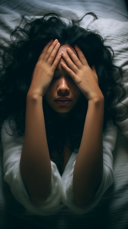 Photo of discontent dark skinned curly woman has gloomy face embraces soft pillow has insomnia cant get asleep late at night lies under white blanket has problems with sl : Generative AIの素材