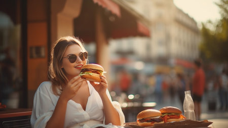 Outdoor fashion hipster woman wearing summer hat and trendy shades eatting delicious burger while sitting at terrace Woman in red shirt tasting sandwich having thoughtful : Generative AIの素材
