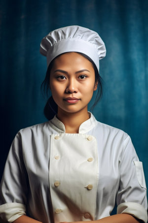 Photo of happy Asian brunette woman makes delicious cake prepares cake whisks egg white in bowl with beater dressed in nightwear sleep mask smiles pleasantly isolated ove : Generative AIの素材