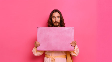 Puzzled scared bearded man engineer holds architectural blueprint comes on building site being afraid of something wears hardhat reflective vest and gloves poses against  : Generative AIの素材