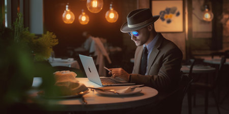Prosperous young top manager wears casual t shirt and hat works on generic laptop uses free wireless internet connection at cafeteria keyboards has appealing appearance T : Generative AIの素材