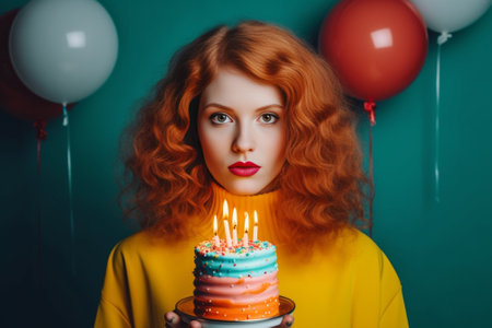 Waist up shot of unhappy ginger woman frowns face and looks dissatisfied at camera has bad mood after birthday celebration holds cupcake with burning candle and inflated  : Generative AIの素材
