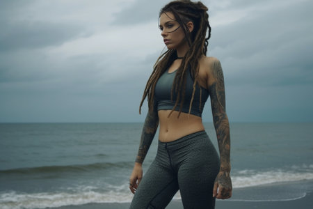 Tired female athlete with long braid looking exhausted while having rest during active physical exercise at the sea standing on beach sand placing her elbows on her thigh : Generative AIの素材