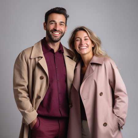 Studio shot of happy cute young Caucasian man and woman dressed in stylish clothes spending time together indoors standing close to each other and grinning broadly Love a : Generative AIの素材