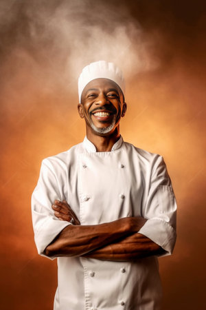 Uncertain male chef shrugs shoulders has happy expression doesnt know what to bake prepares dough stands near kitchen table isolated over black chalk background Hesitant  : Generative AIの素材