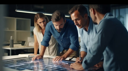 Three mixed raced office engineers collaborate for common project work on blueprint pose in modern workspace try to find solution look hesitant Brainstorming teamworking  : Generative AIの素材