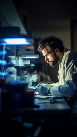 Vertical shot of scientific investigator does research wears white coat and rubber gloves works in laboratory looks attentively aside breaks through paper background form : Generative AIの素材