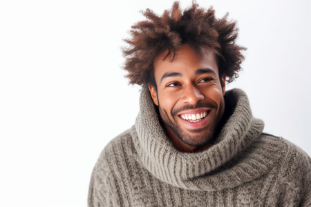 Vertical shot of contemplative thoughtful dark skinned man keeps hand under chin looks thoughtfully upwards dressed in green sweater poses over white background with free : Generative AIの素材