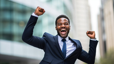 Achievement success concept Cheerful Afro American male raising his hands up having eyes full of happiness rejoicing his great achievements Attractive black male with cur : Generative AIの素材