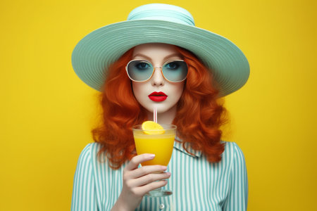 Beautiful glad female has funny conversation uses modern cell phone drinks takeaway coffee has relaxed look calls friend has curly red hair dressed in bright clothing iso : Generative AIの素材