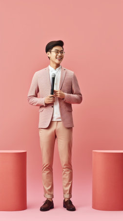 Clueless surprised man with thick bristle raises hand has indignant look at cup with tie dressed in formal clothes gestures in hesitation stands over pink background Drin : Generative AIの素材