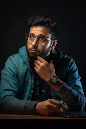 Bored bearded man works with laptop device and papers holds cheeks looks at camera prepares for studying seminar has deep knowledge of programming isolated over blue wall : Generative AIの素材