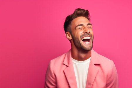 Cheerful hipster guy smiles happily has excited expression dresssed casually celebrates his anniversary or promotion at work isolated over pink studio background People y : Generative AIの素材