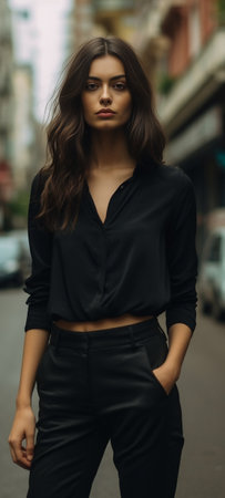 Horizontal portrait of beautiful woman with European appearane having oval face dark attractive eyes and long straight hair dressed casually feeling relaxed while standin : Generative AIの素材