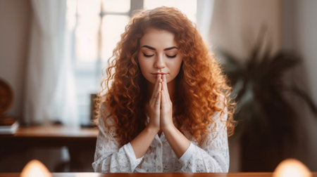 Beautiful Caucasian redhead woman praying or practising yoga at home holding hands in namaste Student girl with healthy freckled skin closing her eyes holding hands in pr : Generative AIの素材