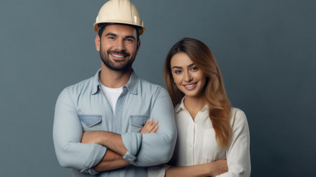 Glad bearded handyman and his female companion stand next to each other feel support and help work as friendly team remodel objects smiling gladly isolated over white con : Generative AIの素材
