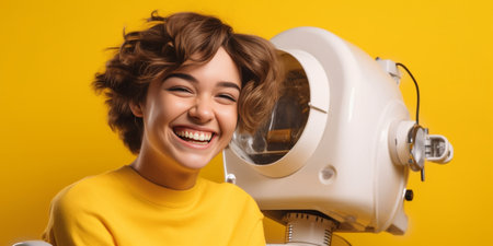 Cleaning service concept Cheerful ethnic housewife has braids poses with mop and detergent bottle happy to clean everythng in house poses near basket of laundry isolated  : Generative AIの素材
