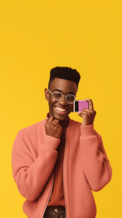 Cheerful teenager with toothy smile Afro hairstyle holds modern cell phone chats online with boyfriend enjoys free time wears round optical glasses pink sweater and yello : Generative AIの素材