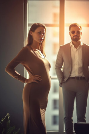 Full length shot of married couple deal with personal finances focused into documentation about refund tax money have serious expressions stand near window have successfu : Generative AIの素材