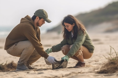 Beach environment and tidying up rubbish concept Two cheerful volunteers collect garbage at coastline pose against cliff background smile as do good things for nature bei : Generative AIの素材