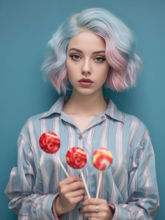 Fashionable cheerful girl with bob hairstyle wears pink hair wig covers eye with green candy on stick wears fur coat poses indoor against rosy background Asian young fema : Generative AIの素材