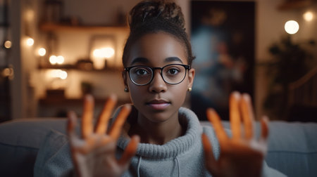 Dark skinned African American woman with crisp hair keeps hands on cheeks stares at camera with stupefied expression afraids of horrible thing wears spectacles and white  : Generative AIの素材